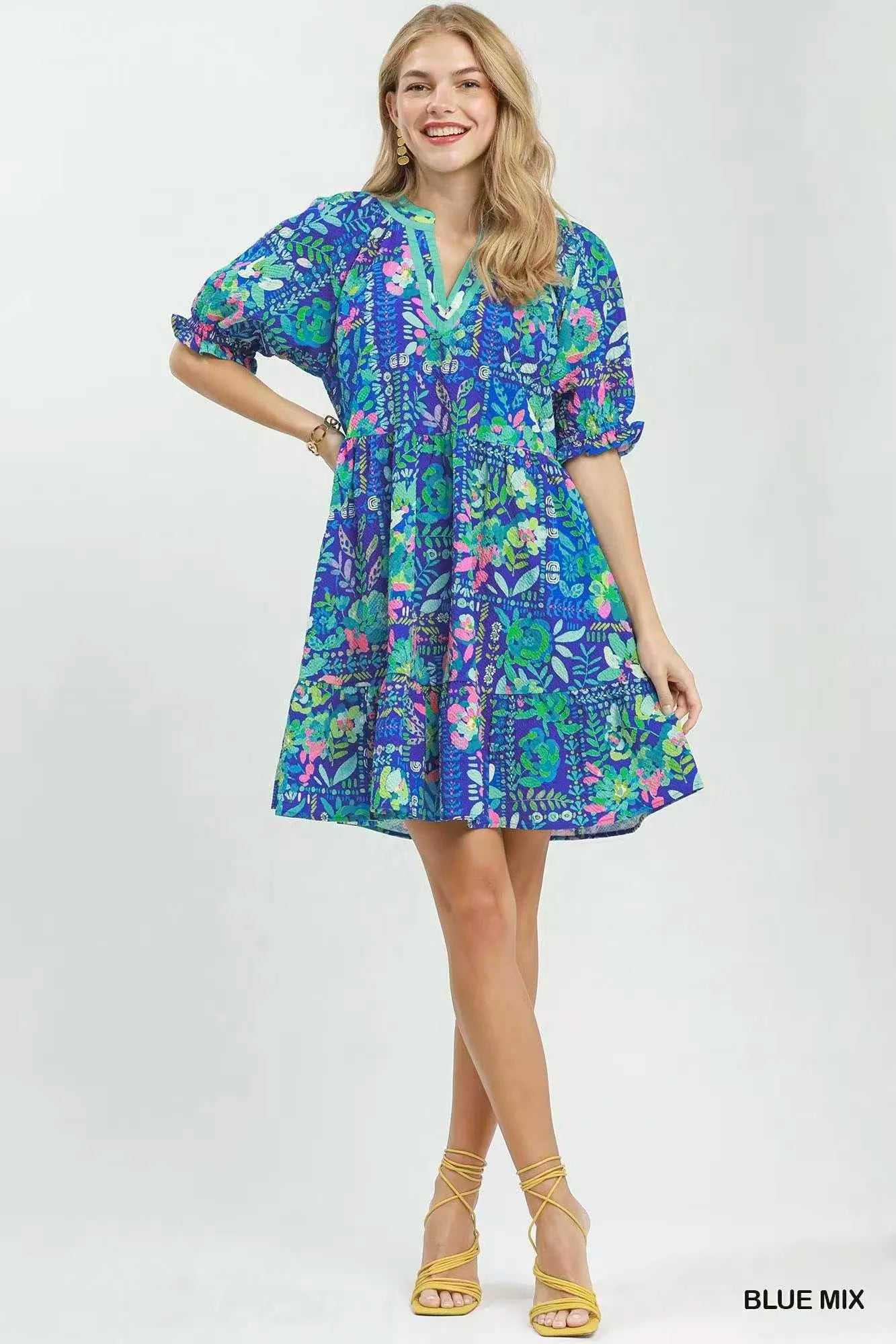 Umgee Mix Botanical Print Puff Sleeve Tiered Dress