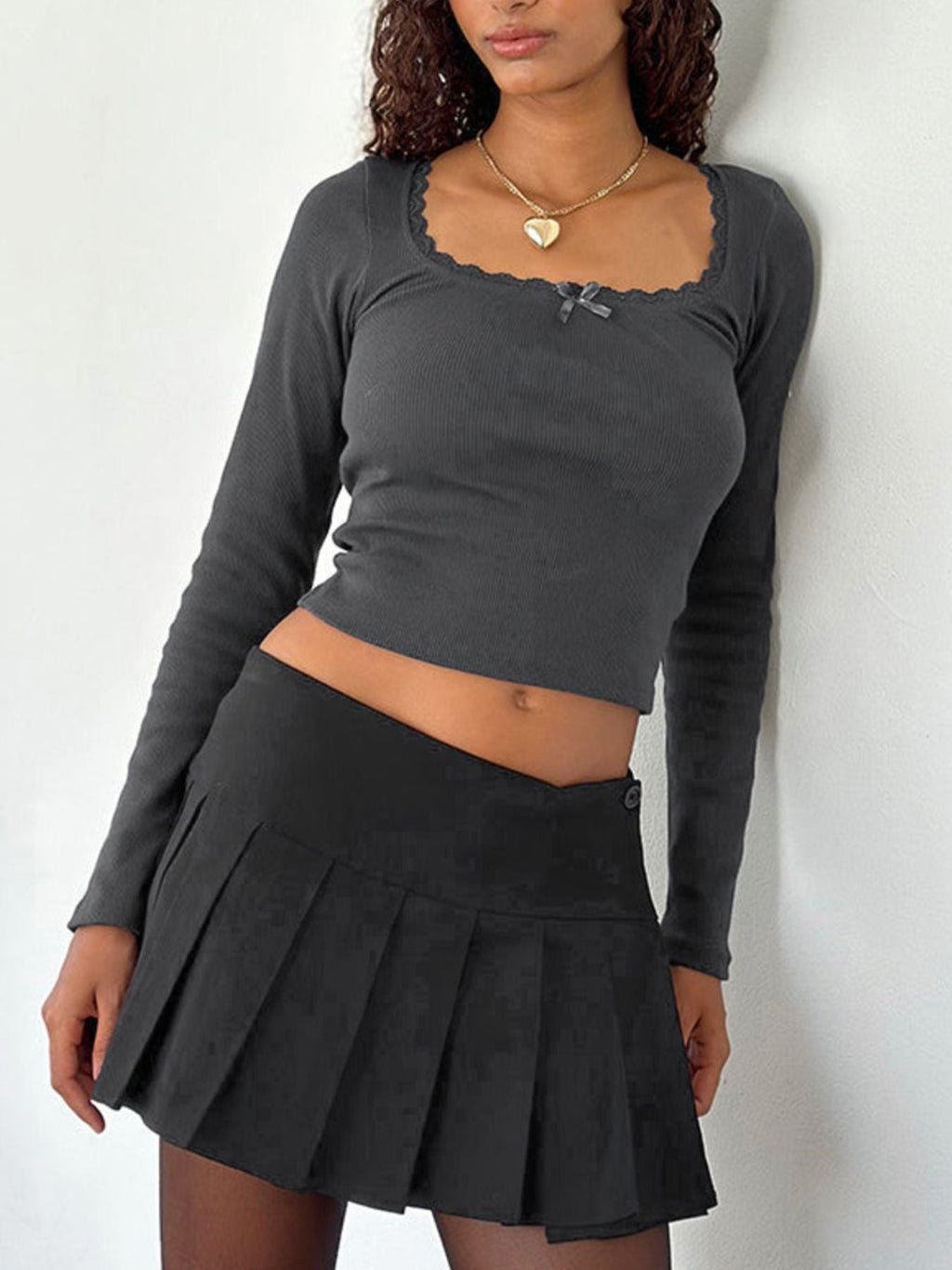 Lace Detail Long Sleeve Crop T-Shirt