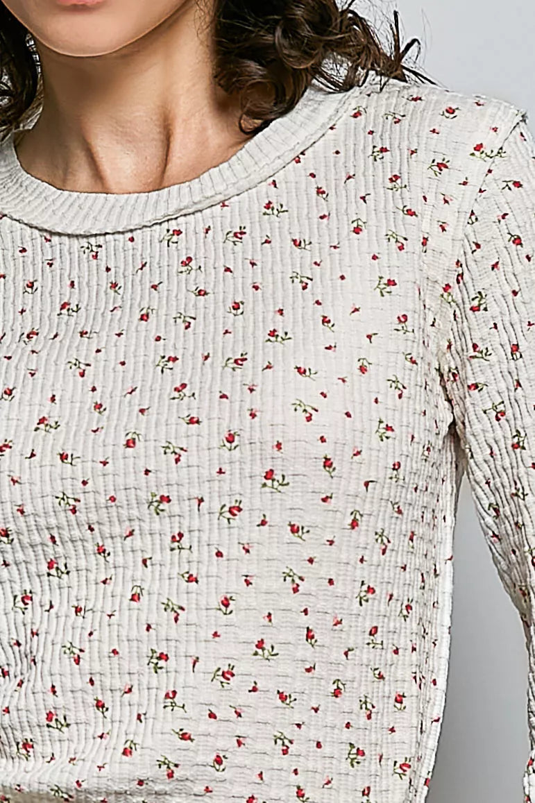 POL Ribbed Knit Floral Crew Neck Long Sleeve Top