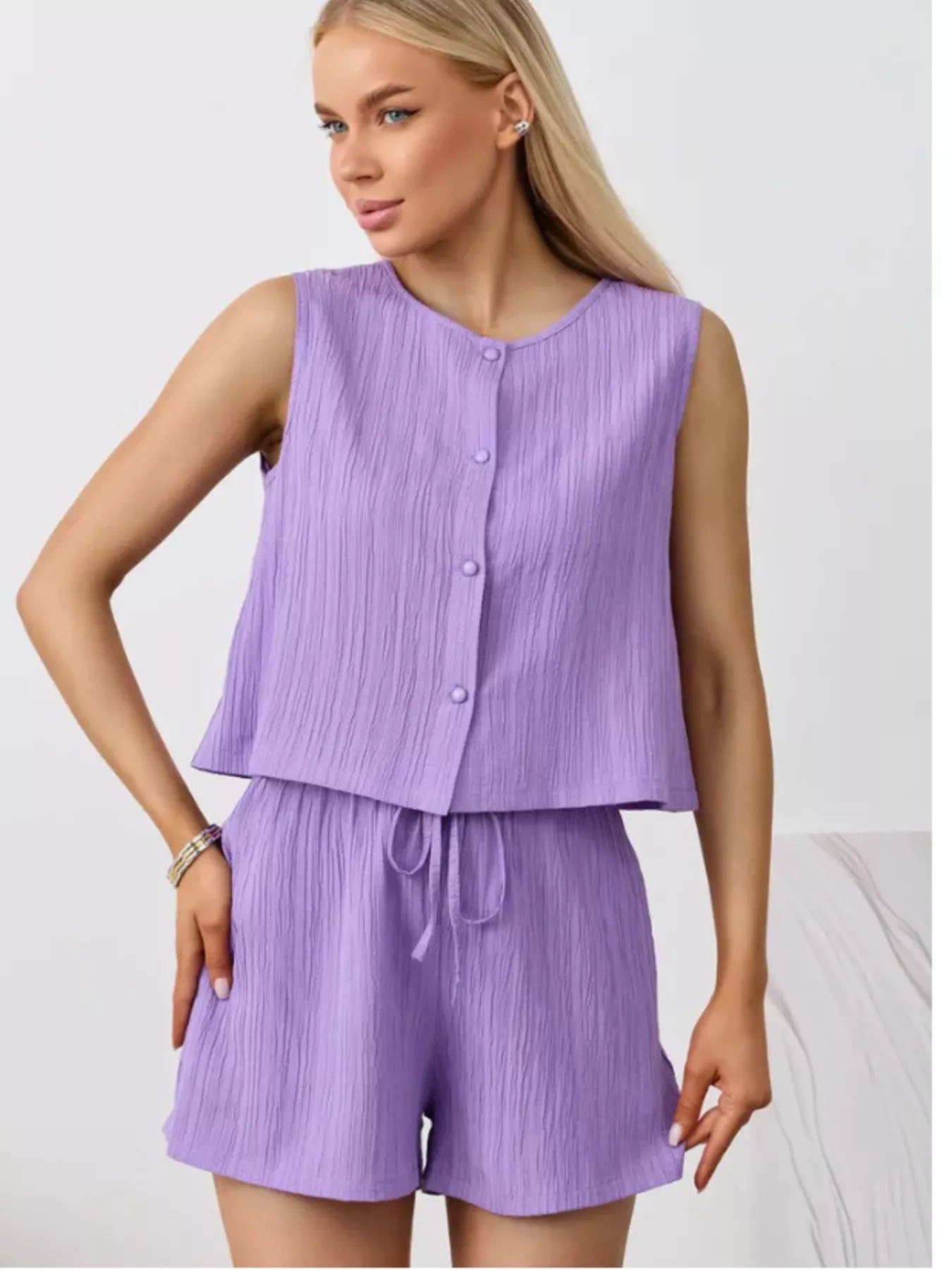 Textured Round Neck Tank and Shorts Set