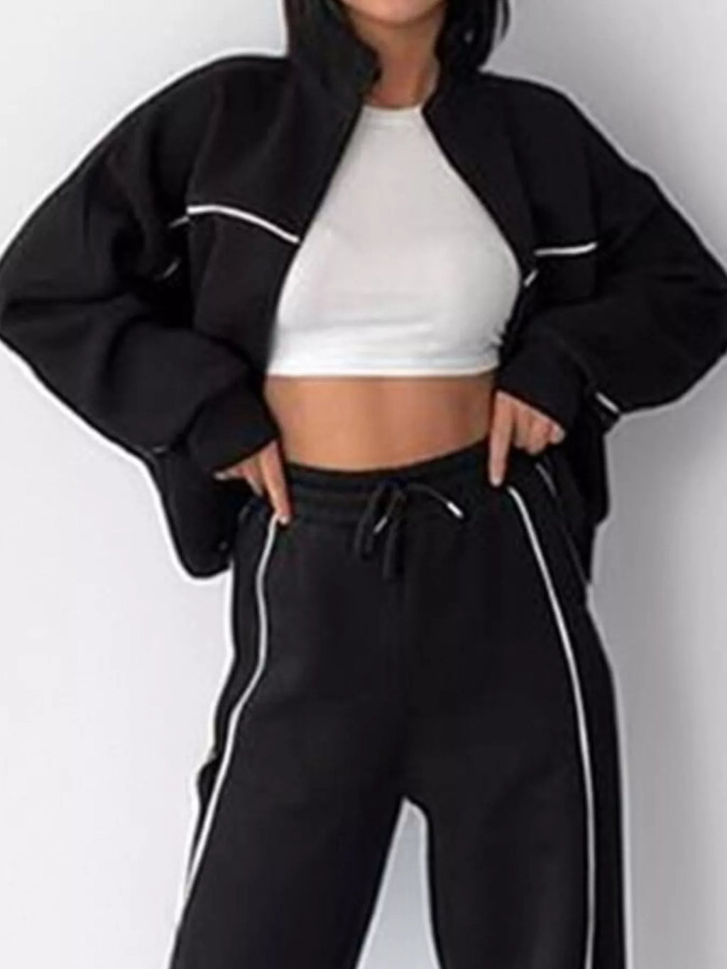 Full Size Zip Up Long Sleeve Top and Pants Set Plus Size