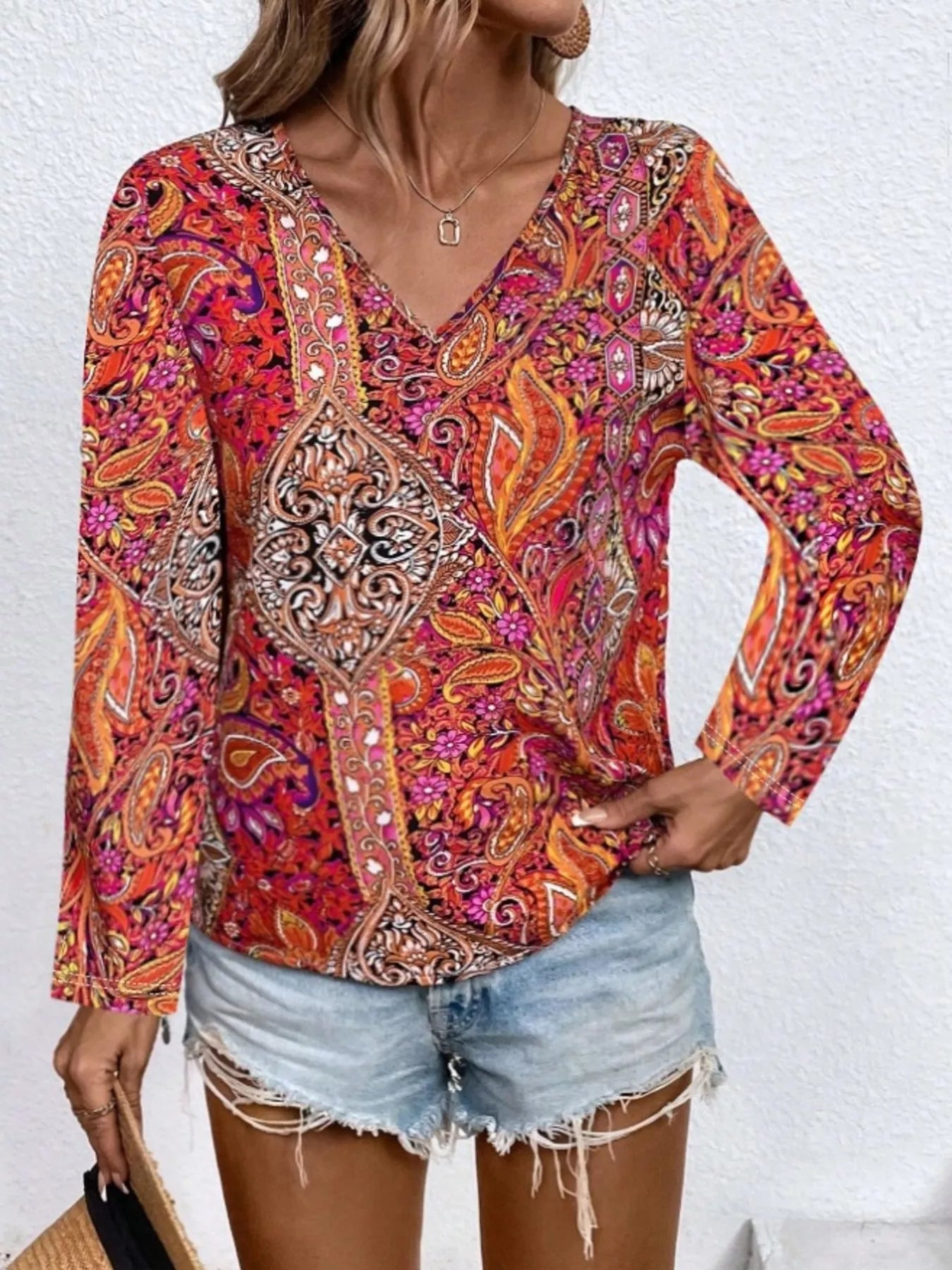 Paisley Print V-Neck Long Sleeve Blouse
