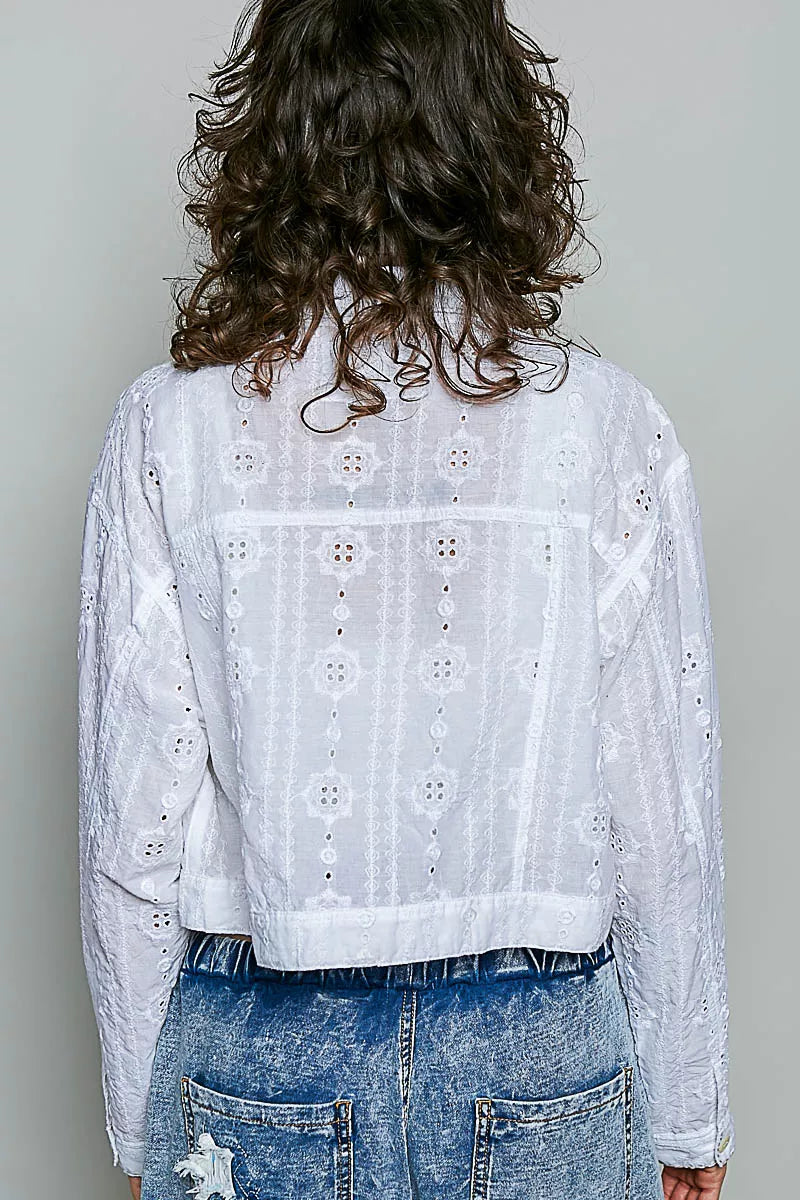 POL Eyelet Textured Cotton Cropped Button Front Jacket