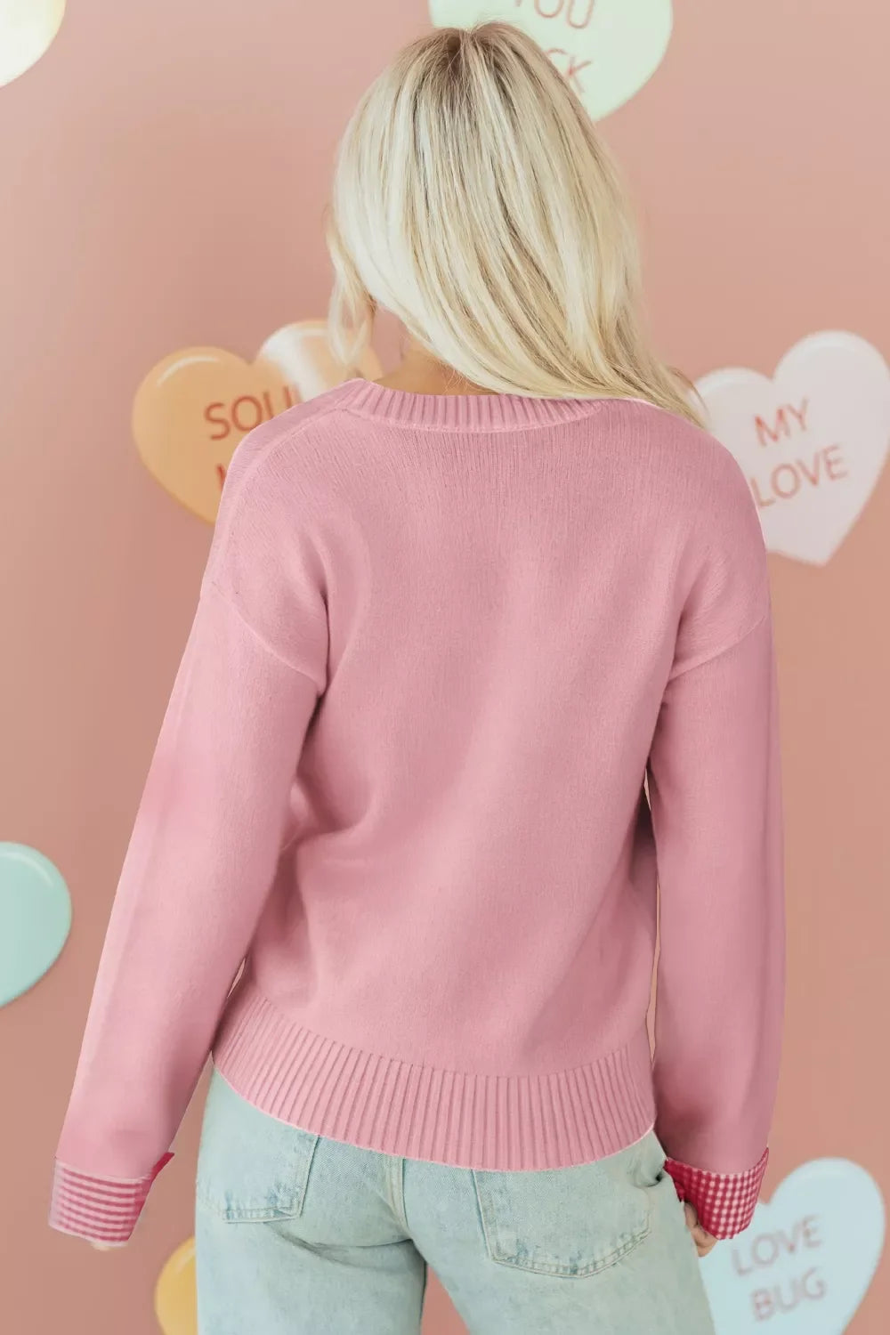 Plaid Heart Embroidered Cuffed Drop Shoulder Crew Neck Sweater