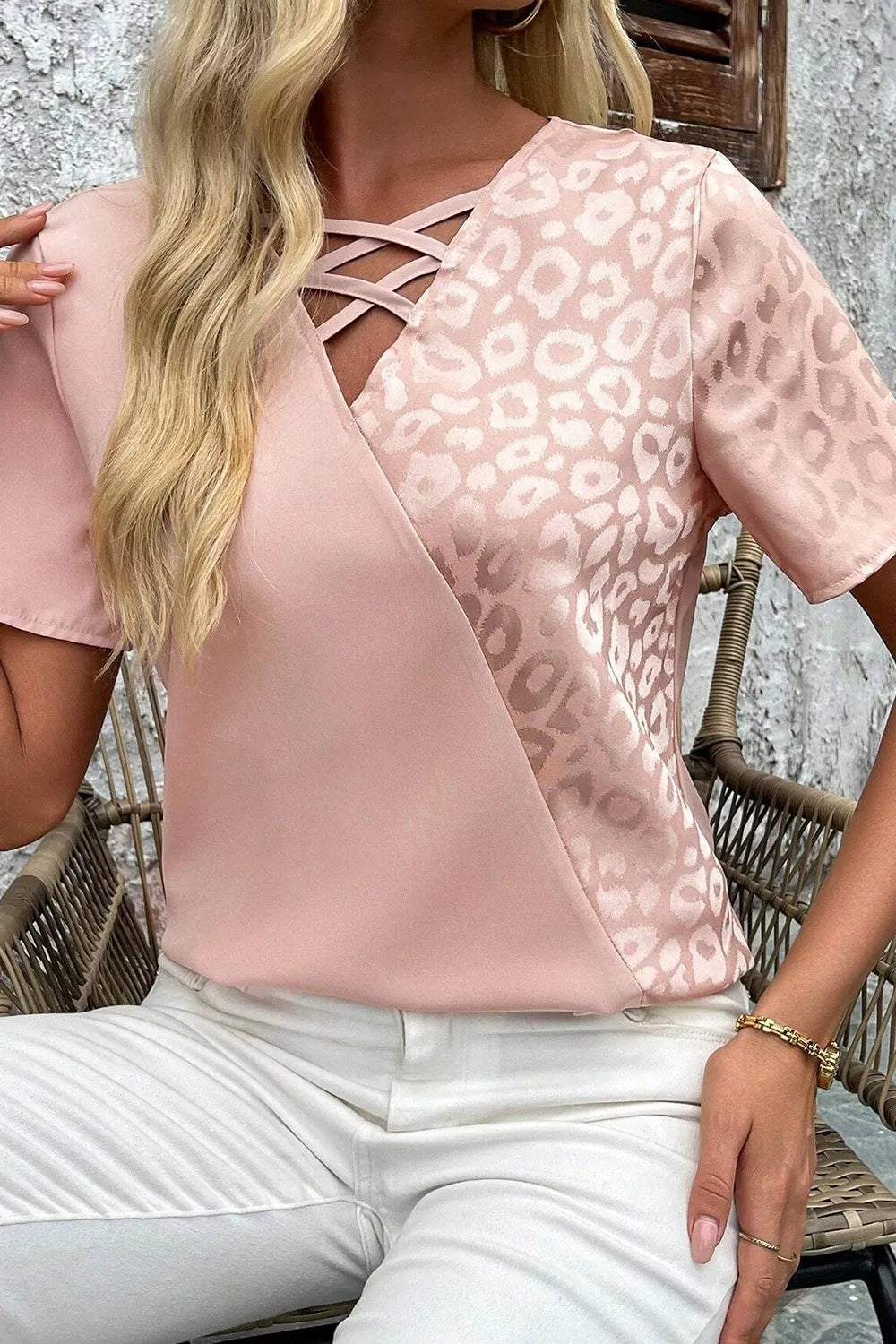 Leopard Jacquard Patchwork Crisscross V Neck Short Sleeve Blouse
