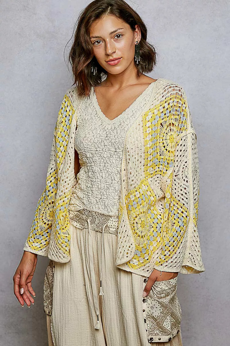 POL Open Front Crochet Cardigan with Granny Square Pattern