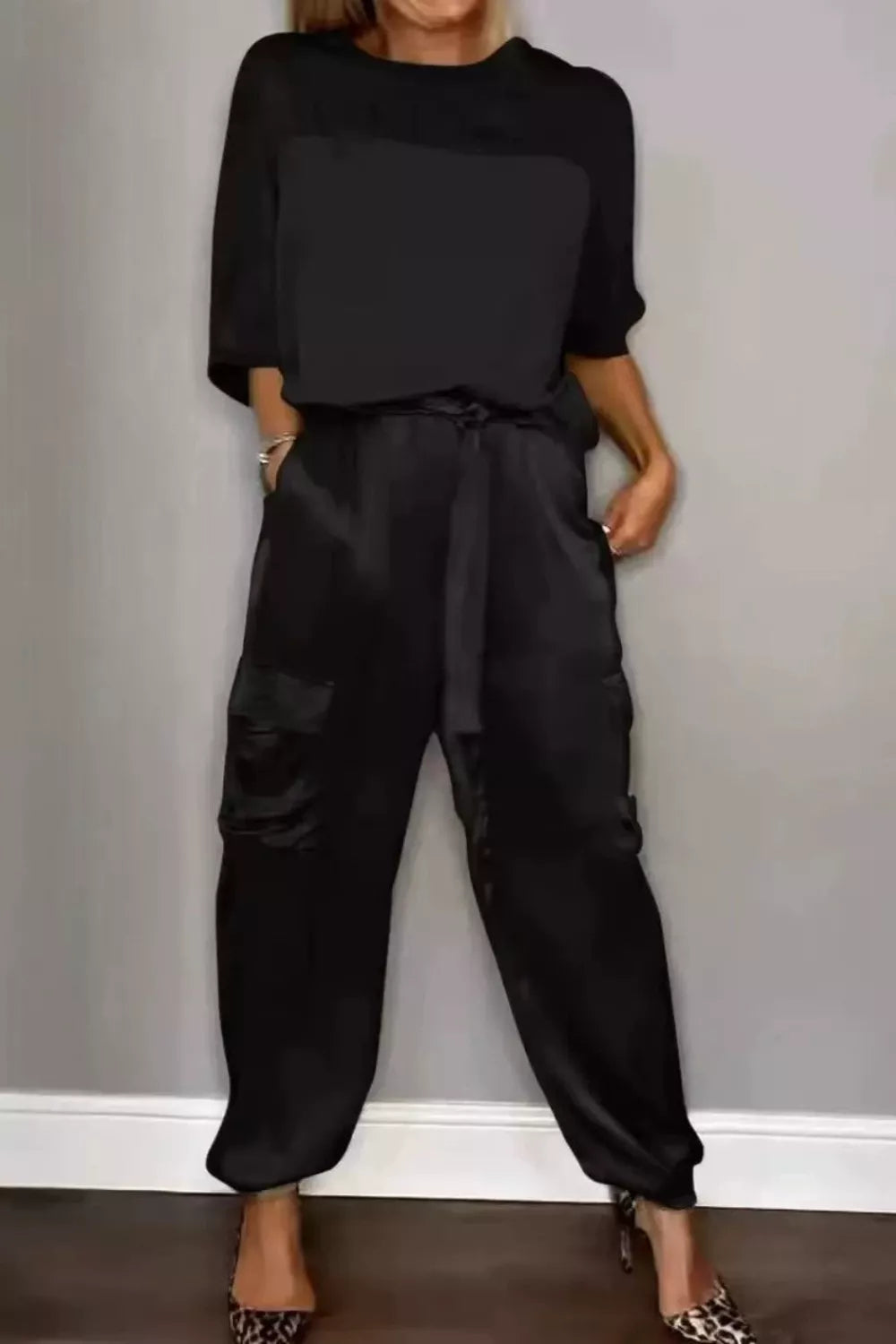 Satin Round Neck Top and Pants Set