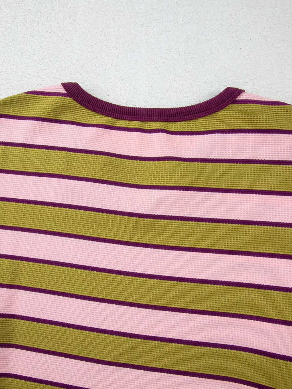 Stripes Waffle Texture Notched Neck Long Sleeve Top