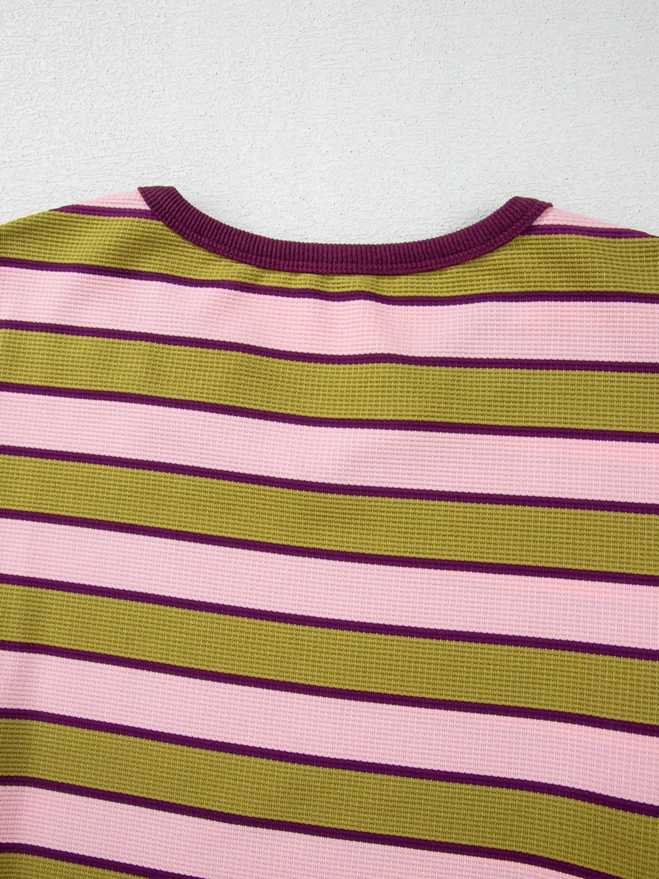 Stripes Waffle Texture Notched Neck Long Sleeve Top