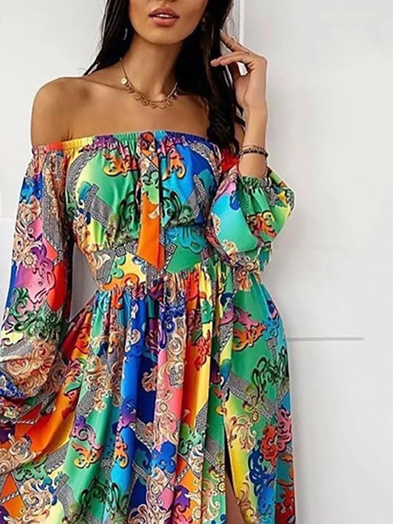 Slit Printed Off Shoulder Maxi Dress