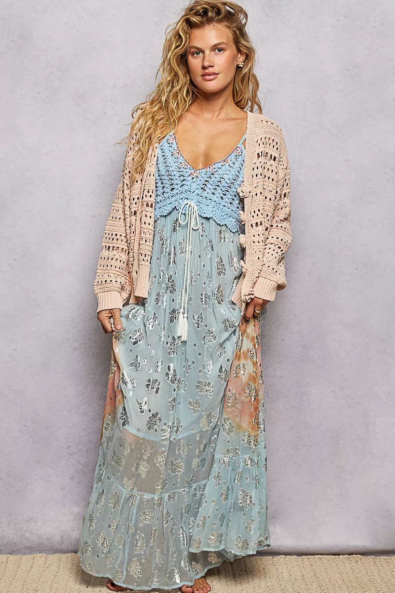 POL Open-Knit Floral Button Cardigan