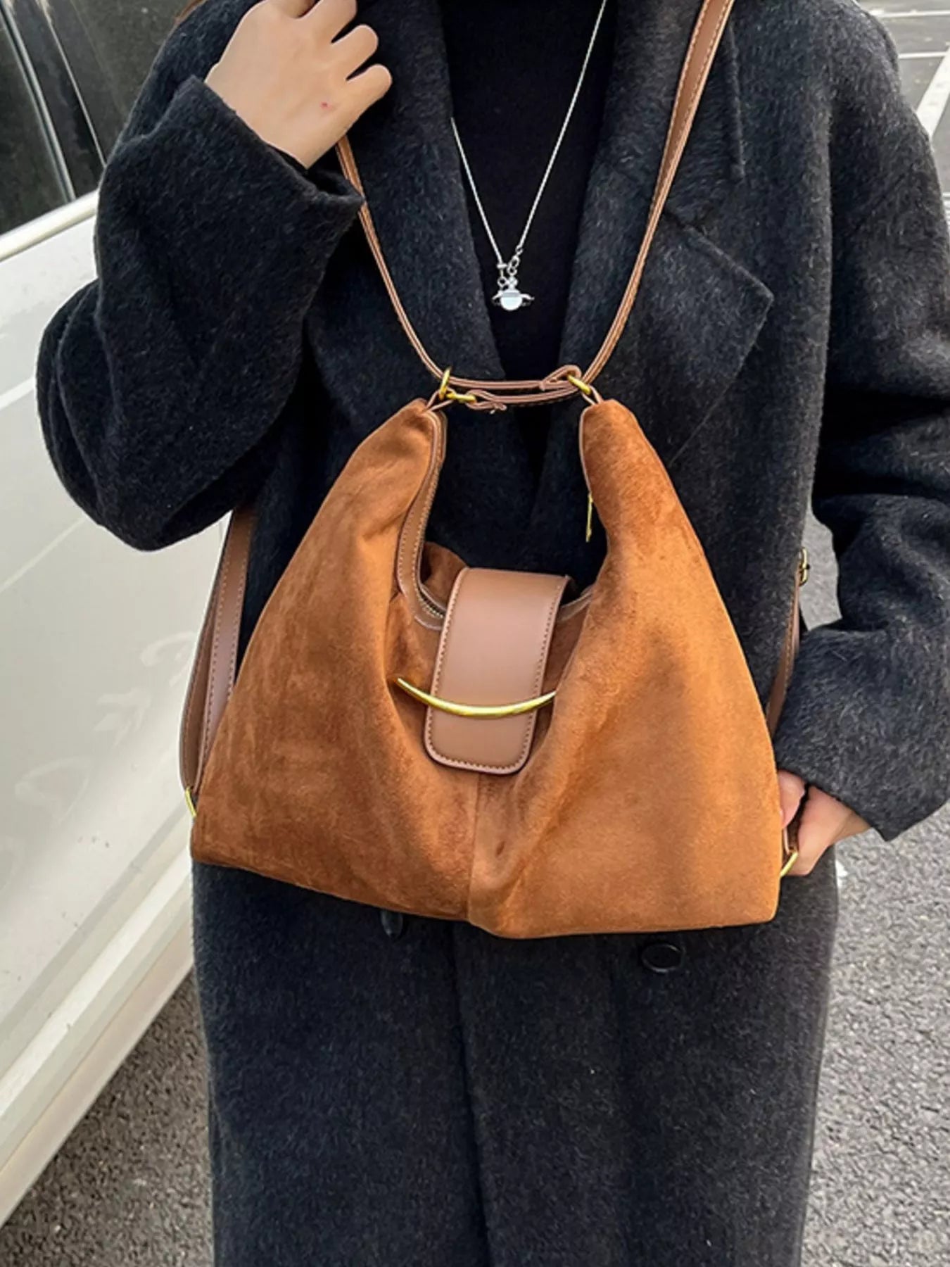 Convertible Suede Backpack Bag with Metal Accent
