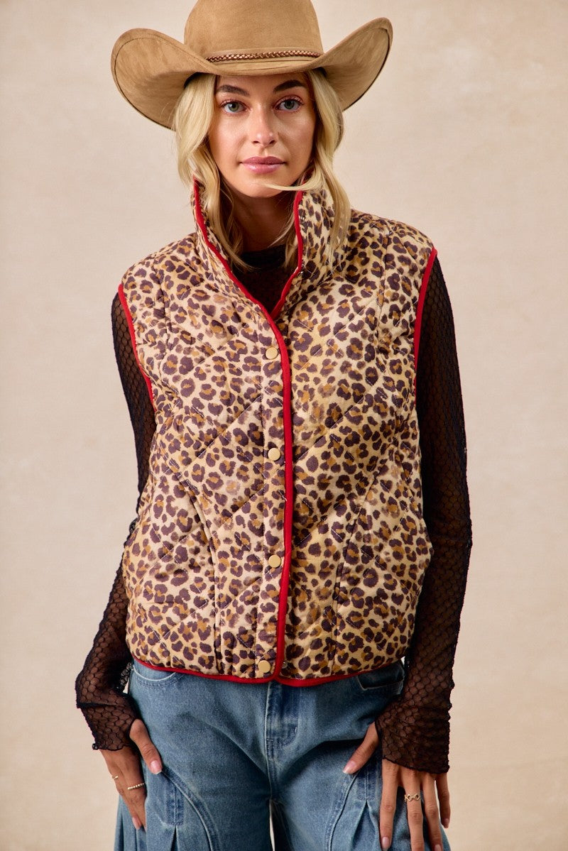 BiBi Leopard Print Piping Detail Quilted Vest