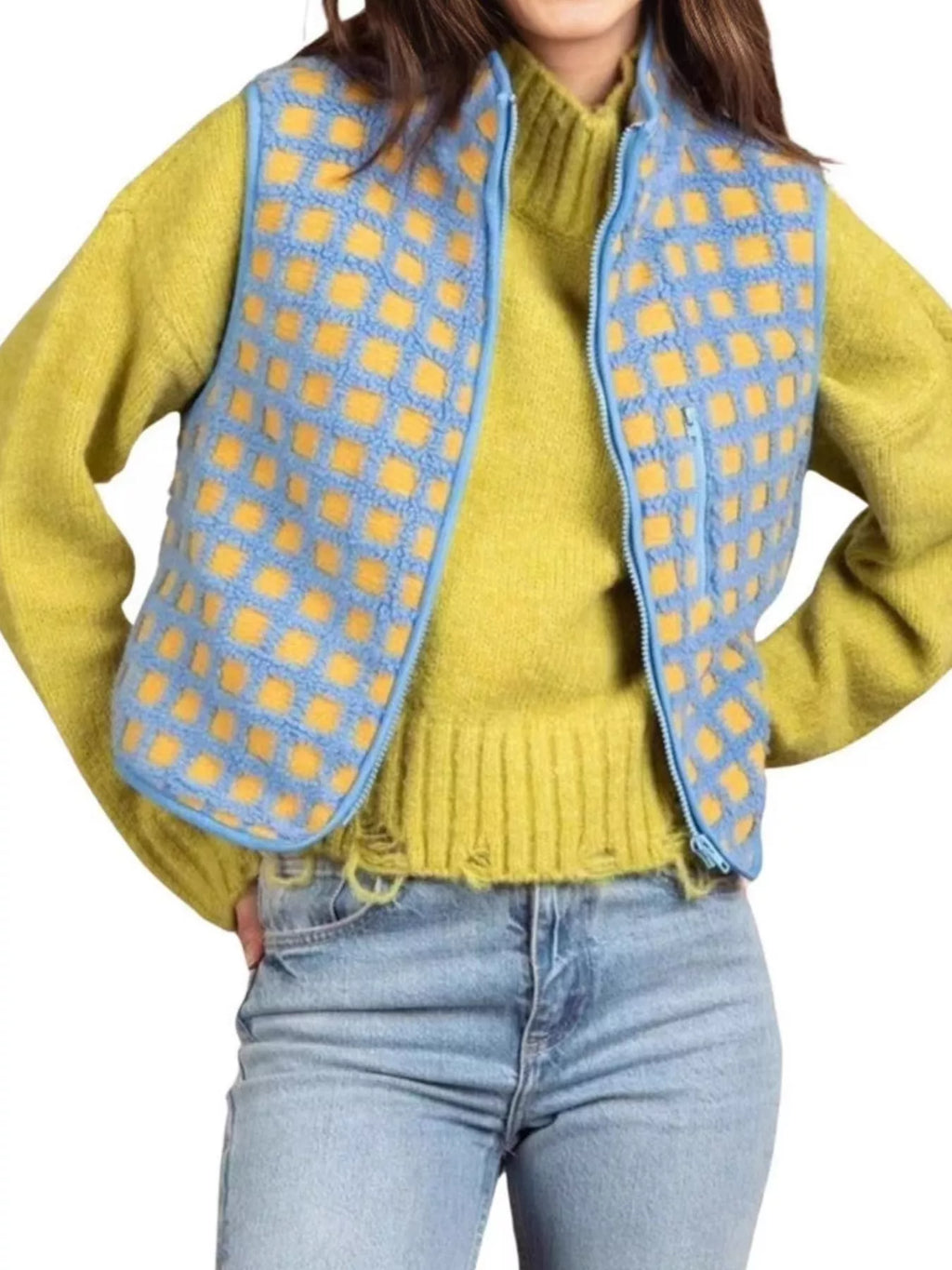 Plaid Zip Up Vest Coat