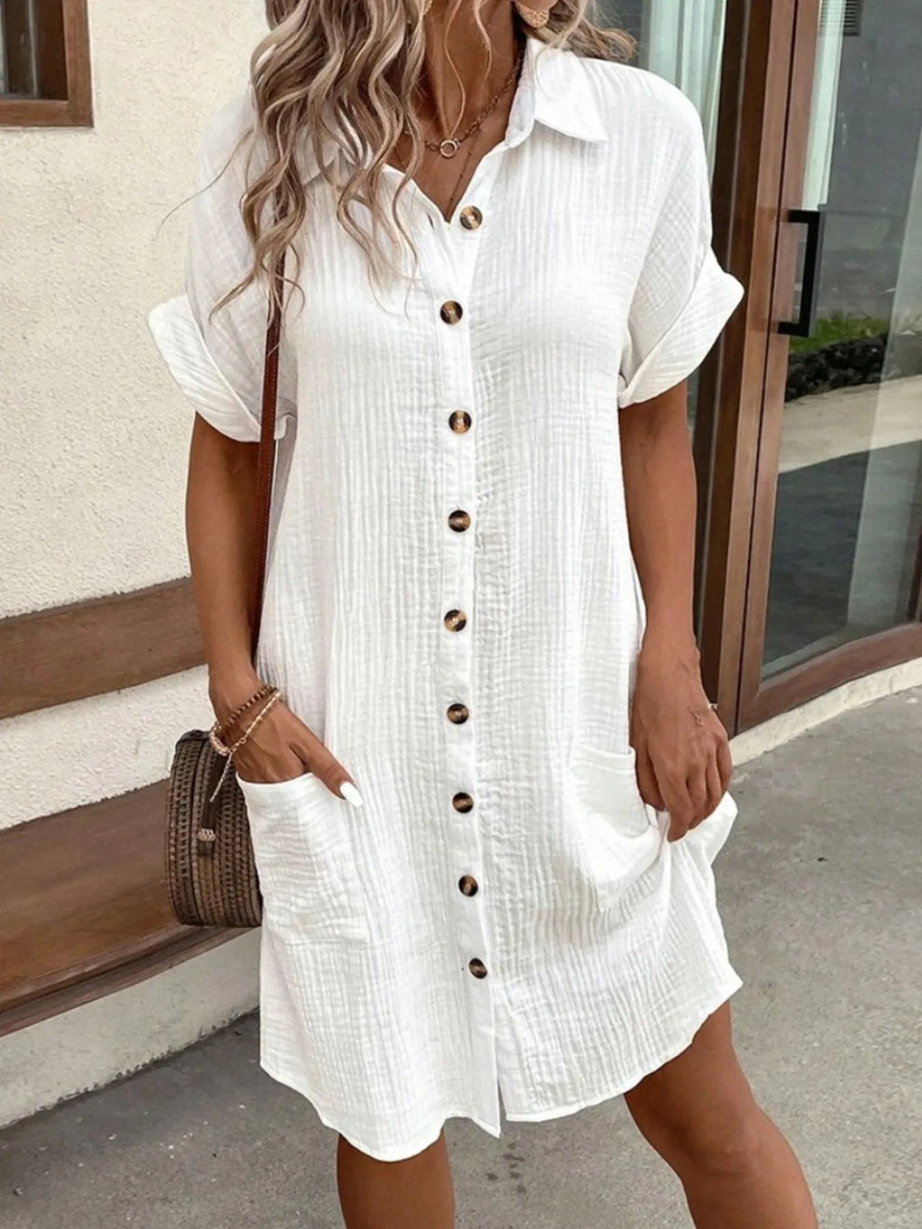 Casual Button Down Shirt Dress with Pockets