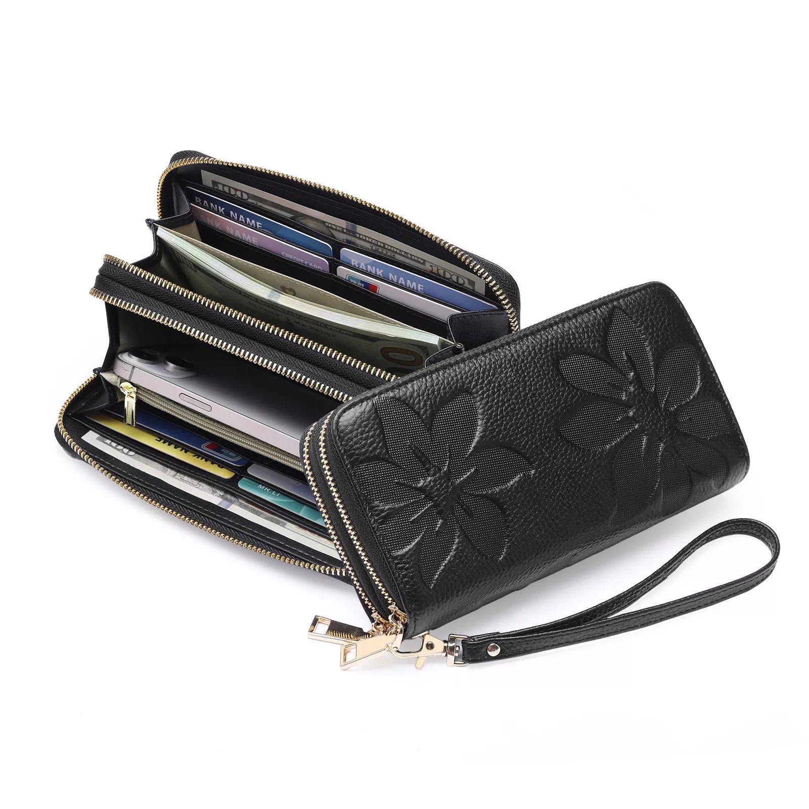 Floral Embossed Leather Zipper Wallet