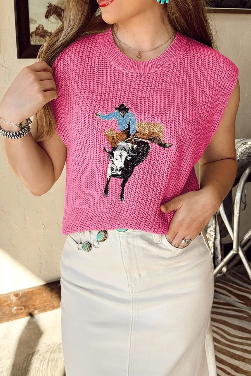 Graphic Round Neck Sweater Vest