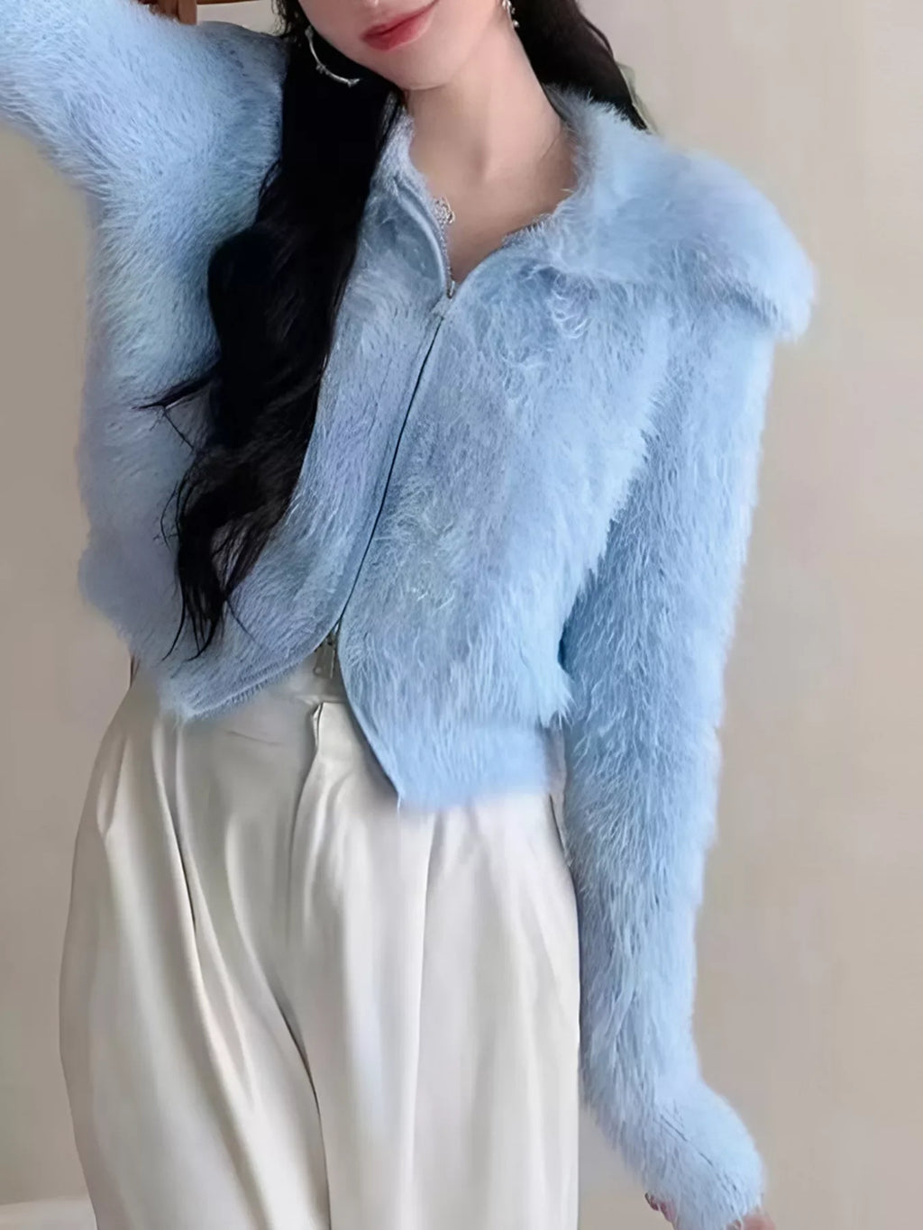 Fluffy Knit Zip-Up Outerwear