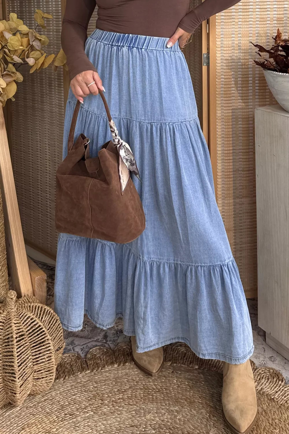 Elastic Waist Ruffled Tiered Flared Denim Maxi Skirt