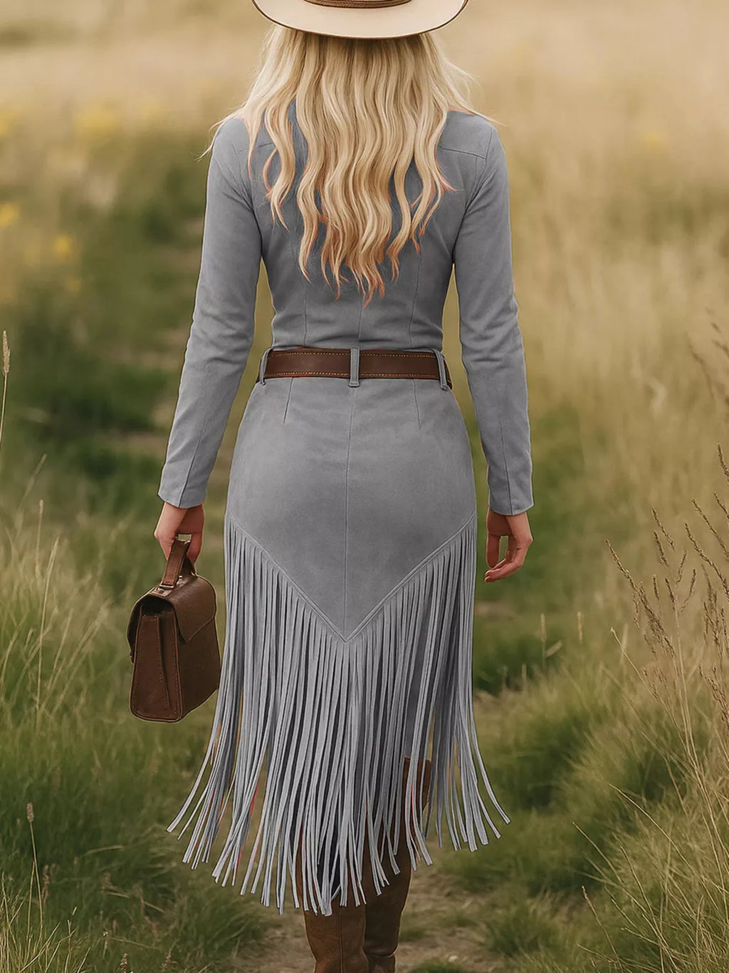 Fringe Zip Front Long Sleeve Dress
