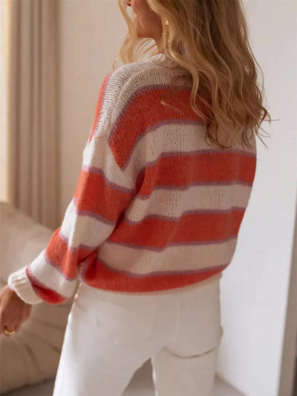 Striped Round Neck Dropped Shoulder Sweater