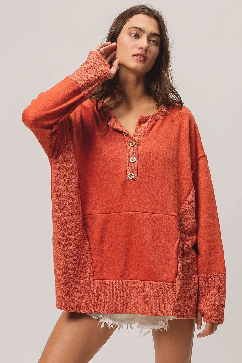 BiBi French Terry Knit Side Block Buttoned Henley Top