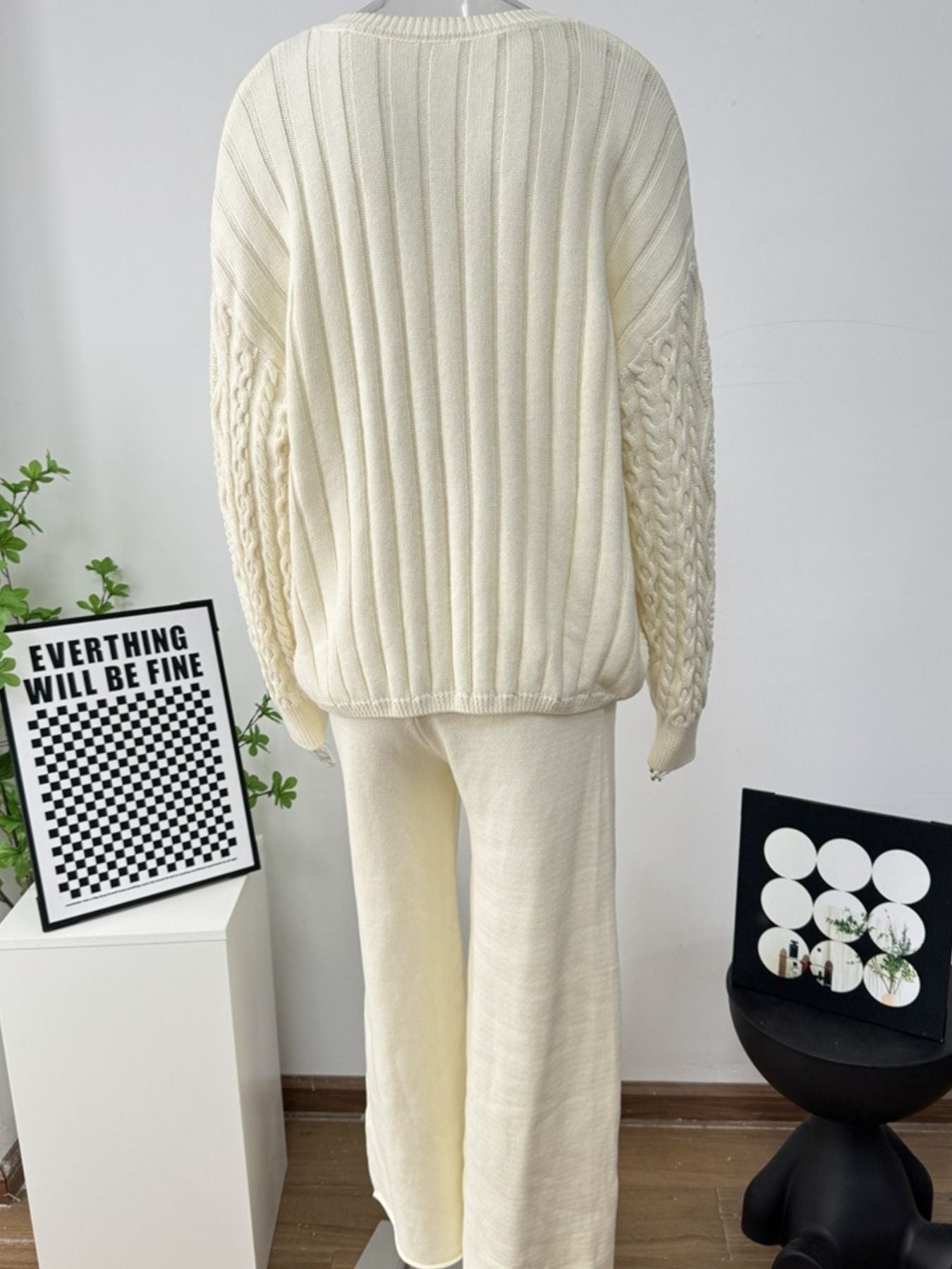 Cable Knit Cardigan & Wide Leg Pants Sweater Set