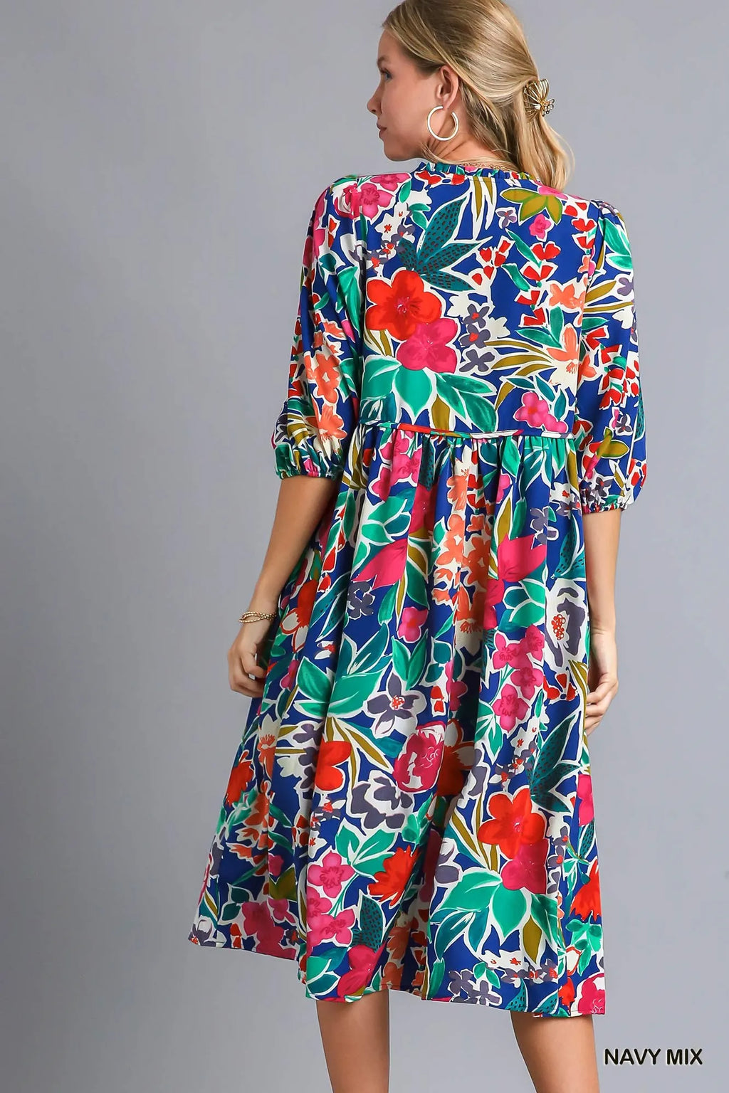 Umgee Floral Print Tie Neck Midi Dress with Pockets
