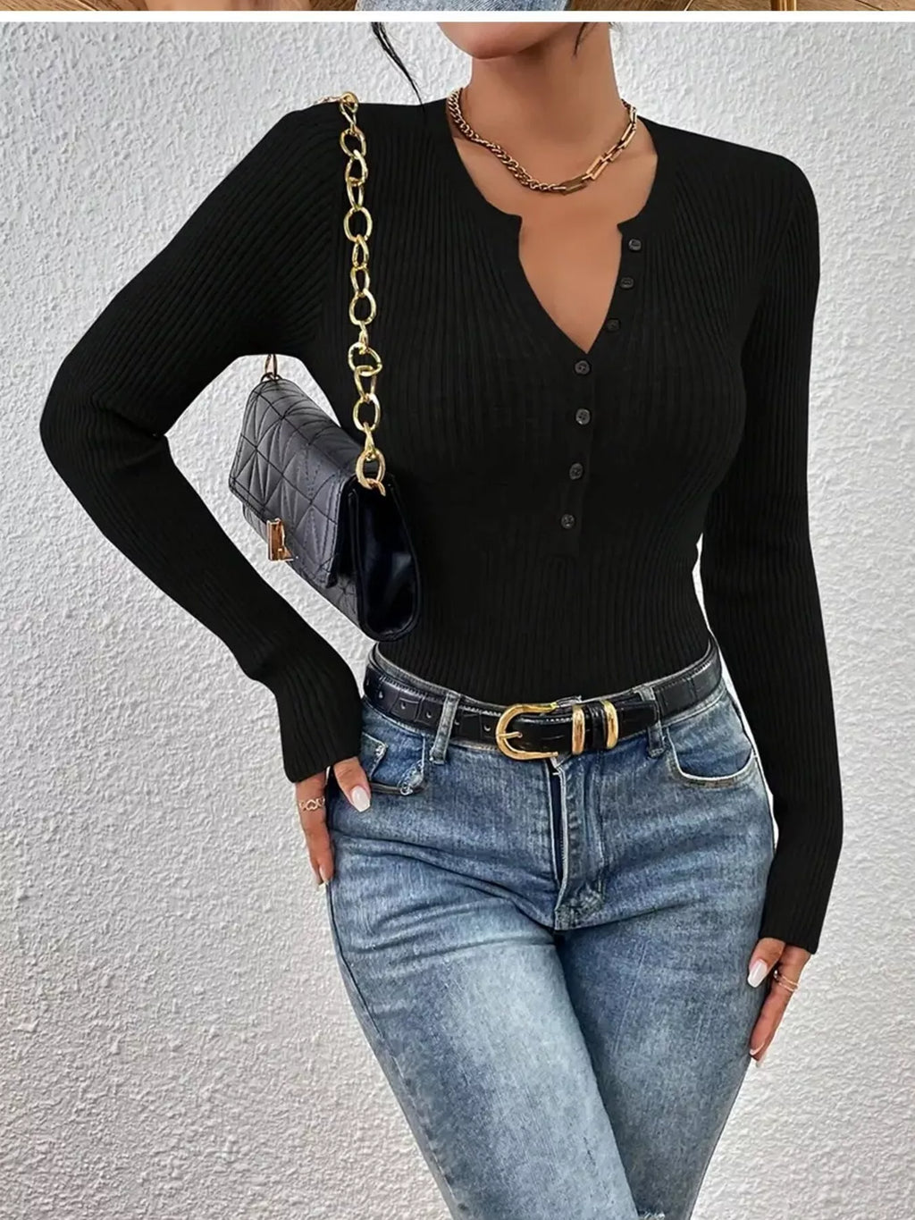 Ribbed Knit Button Front Knit Top