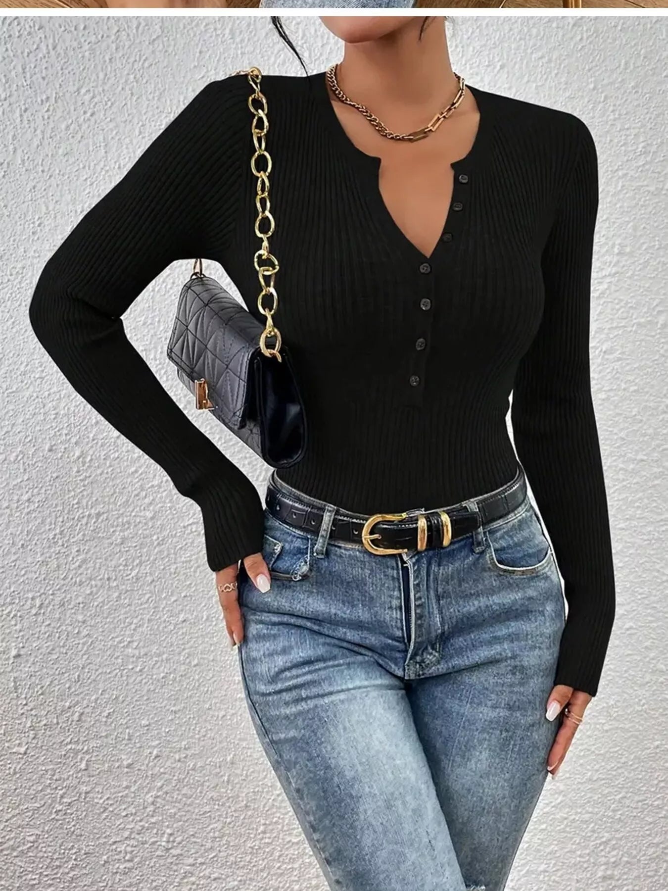 Ribbed Knit Button Front Knit Top