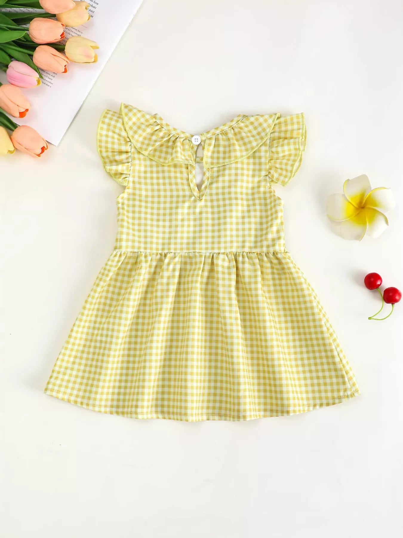 Children's Gingham Ruffle Dress with Floral Appliques