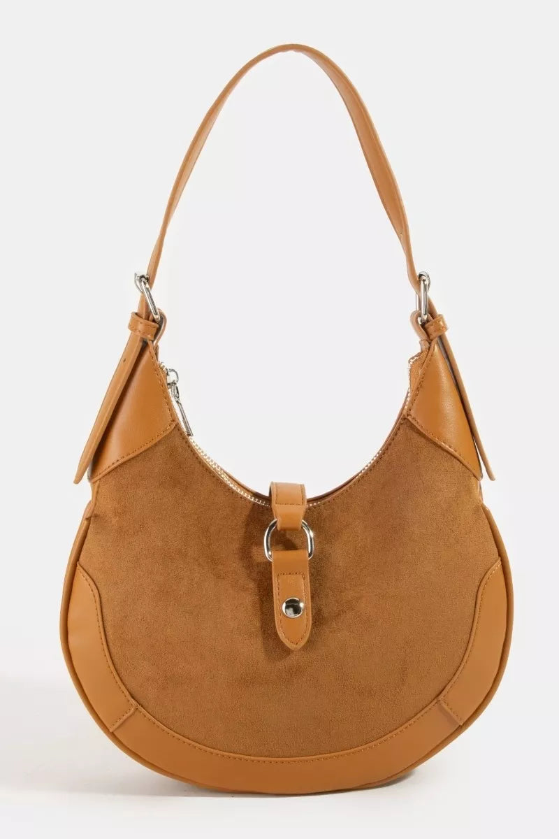 Fame Leather Accent Suede Crescent Shoulder Bag