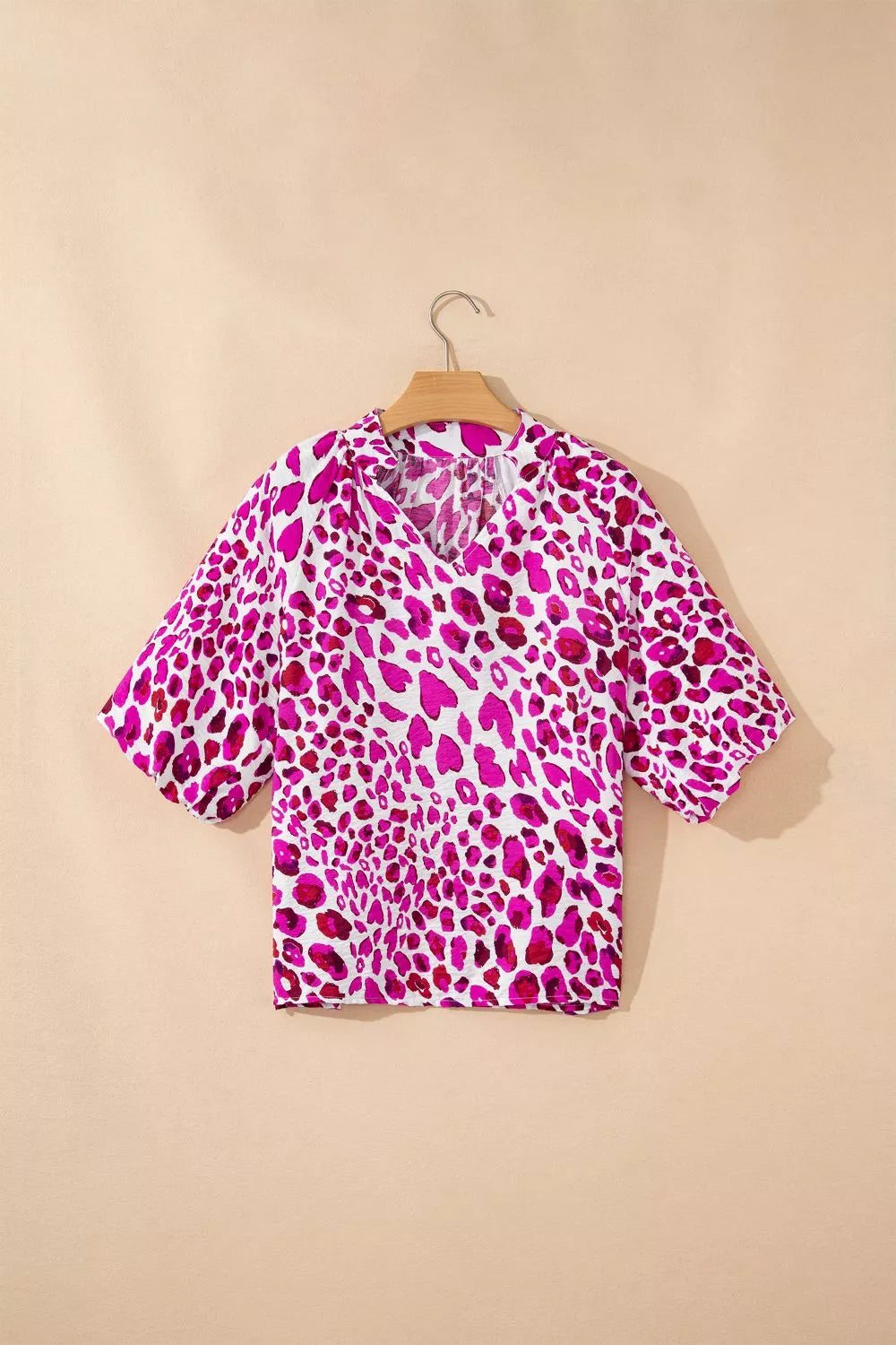Leopard Print V Neck Puffy Half Sleeve Blouse