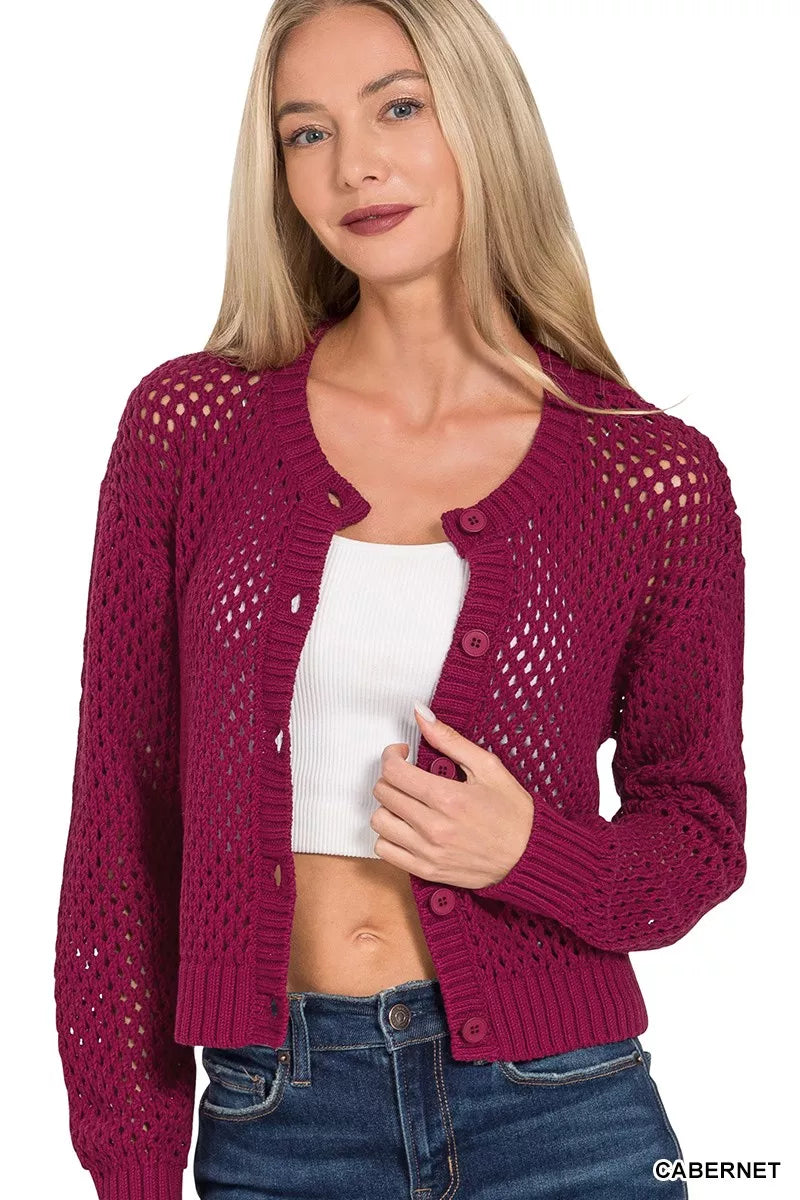 Zenana Button Down Lightweight Crochet Cardigan Sweater