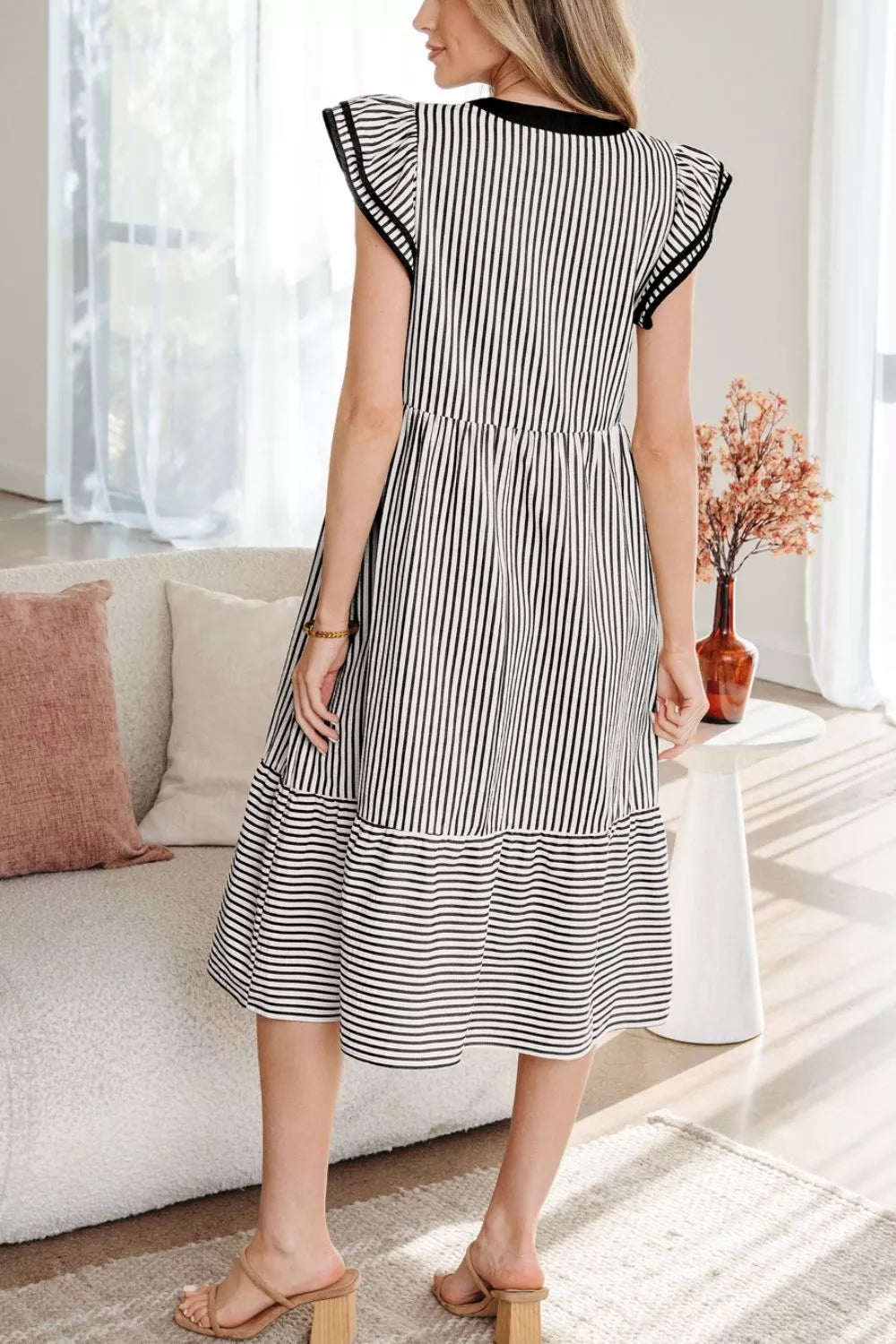 Striped Ruffle Sleeve Tiered Midi Dress