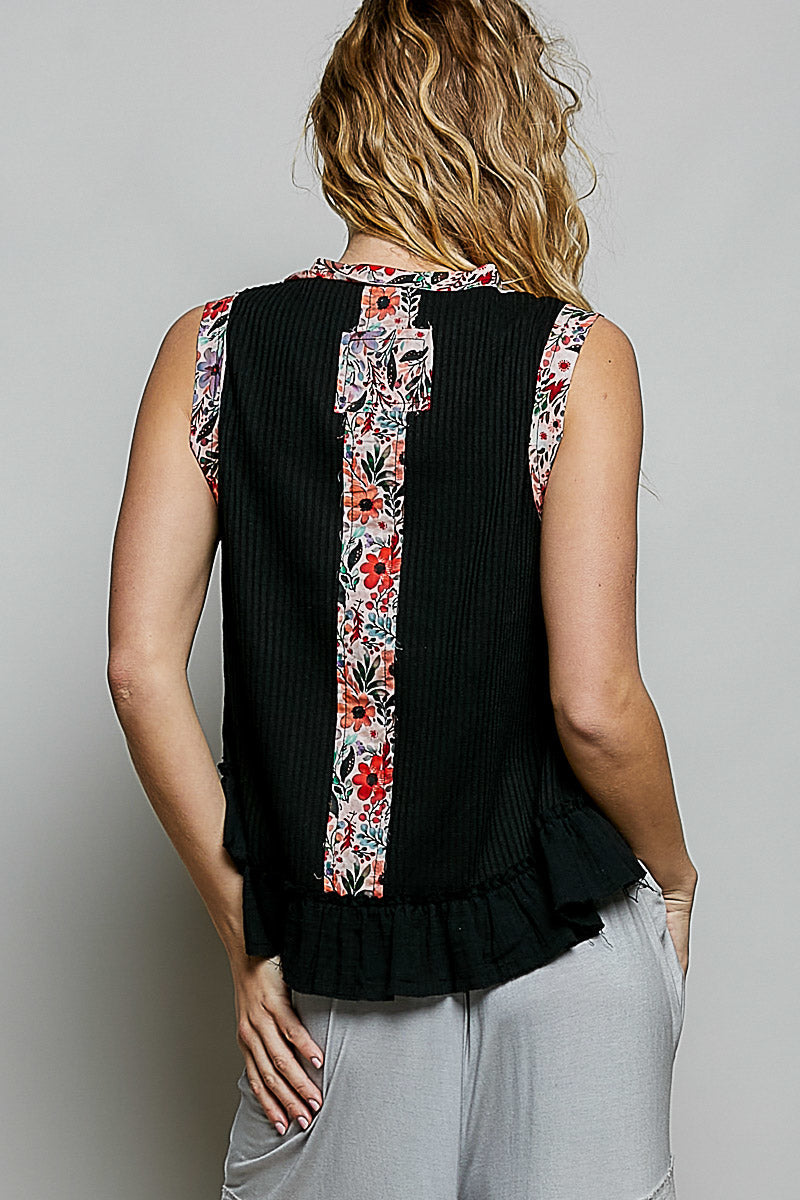 POL Floral Print Patche Round Neck Ribbed Tank with Double Gauze Ruffle Accents