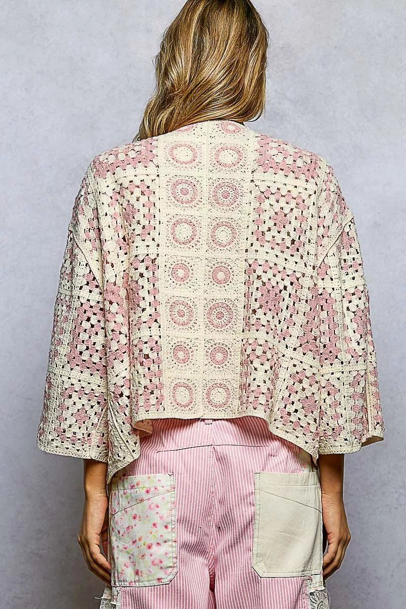 POL Open Front Crochet Cardigan with Granny Square Pattern