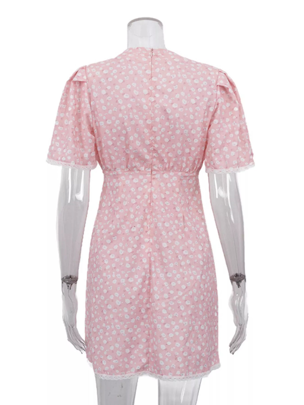 V-Neck Puff Sleeve Mini Dress with Lace Trim