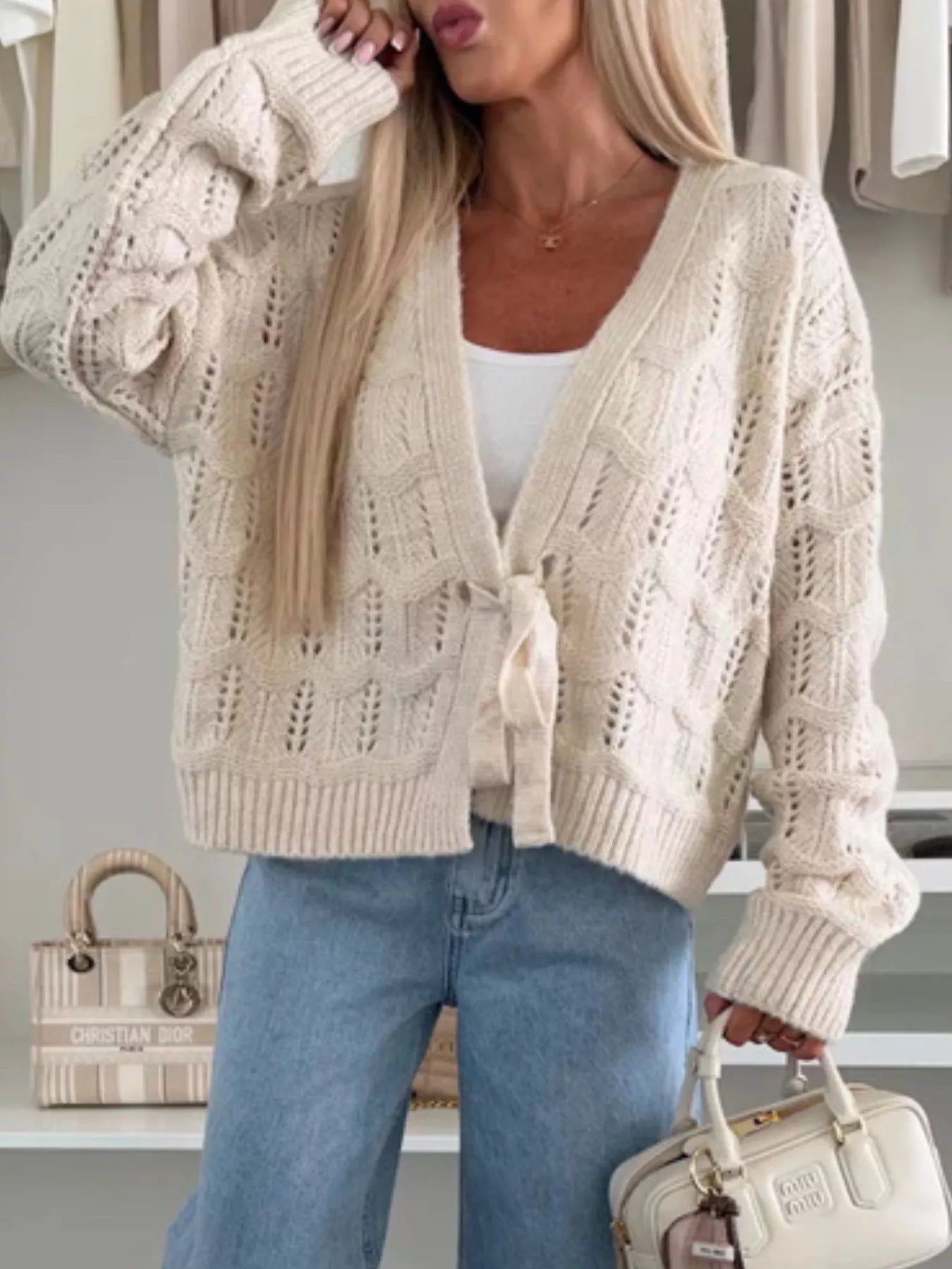 Tie-Front Openwork Cardigan
