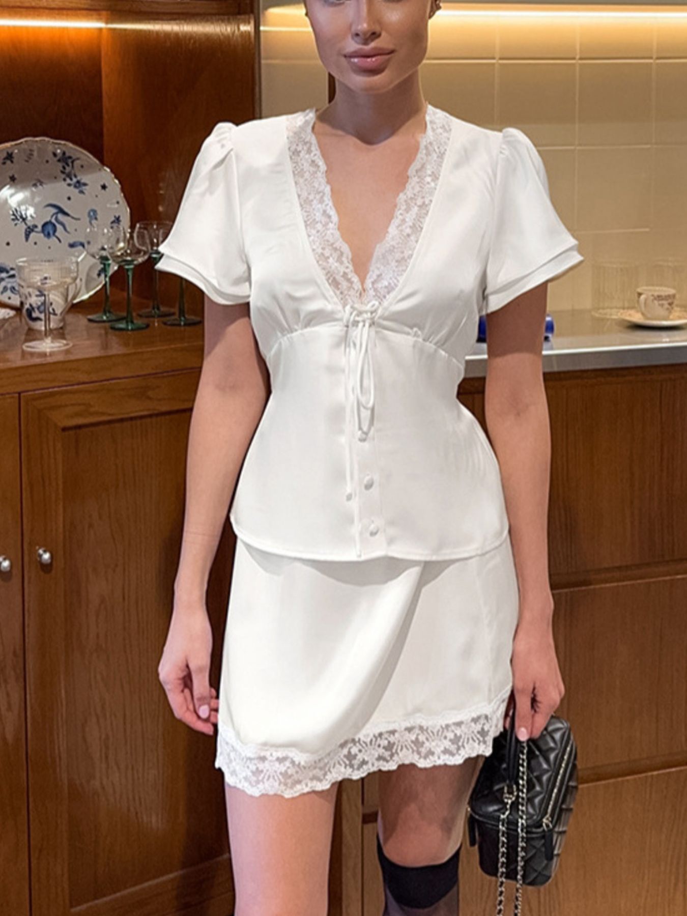 Lace Trimmed Top and Skirt Two-Piece Set