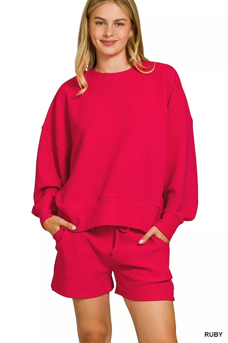 Zenana Ribbed Round Neck Pullover and Shorts Set