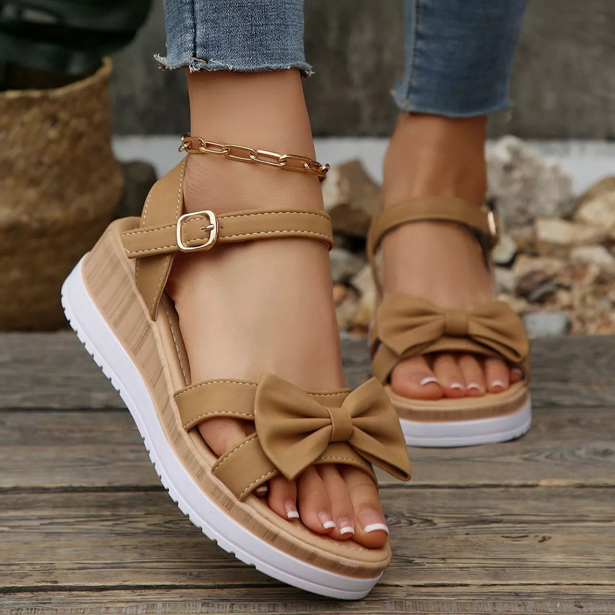 Bow Open Toe Wedge Sandals