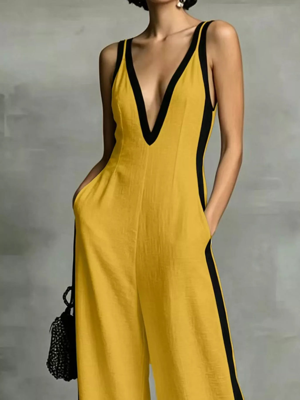 Deep V-Neck Wide-Leg Jumpsuit with Contrast Trim