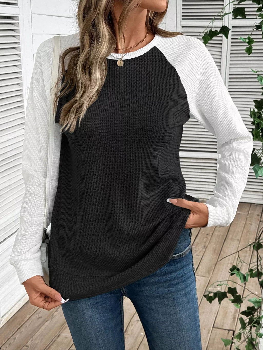 Waffle Knit Raglan Sleeve T-Shirt