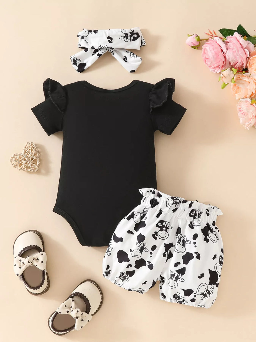 Children's Ruffled Cow Bodysuit and Shorts Set with Headband