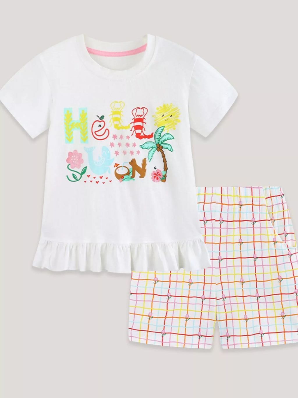 Children's Cartoon Graphic Ruffle Trim Tee & Plaid Shorts Set