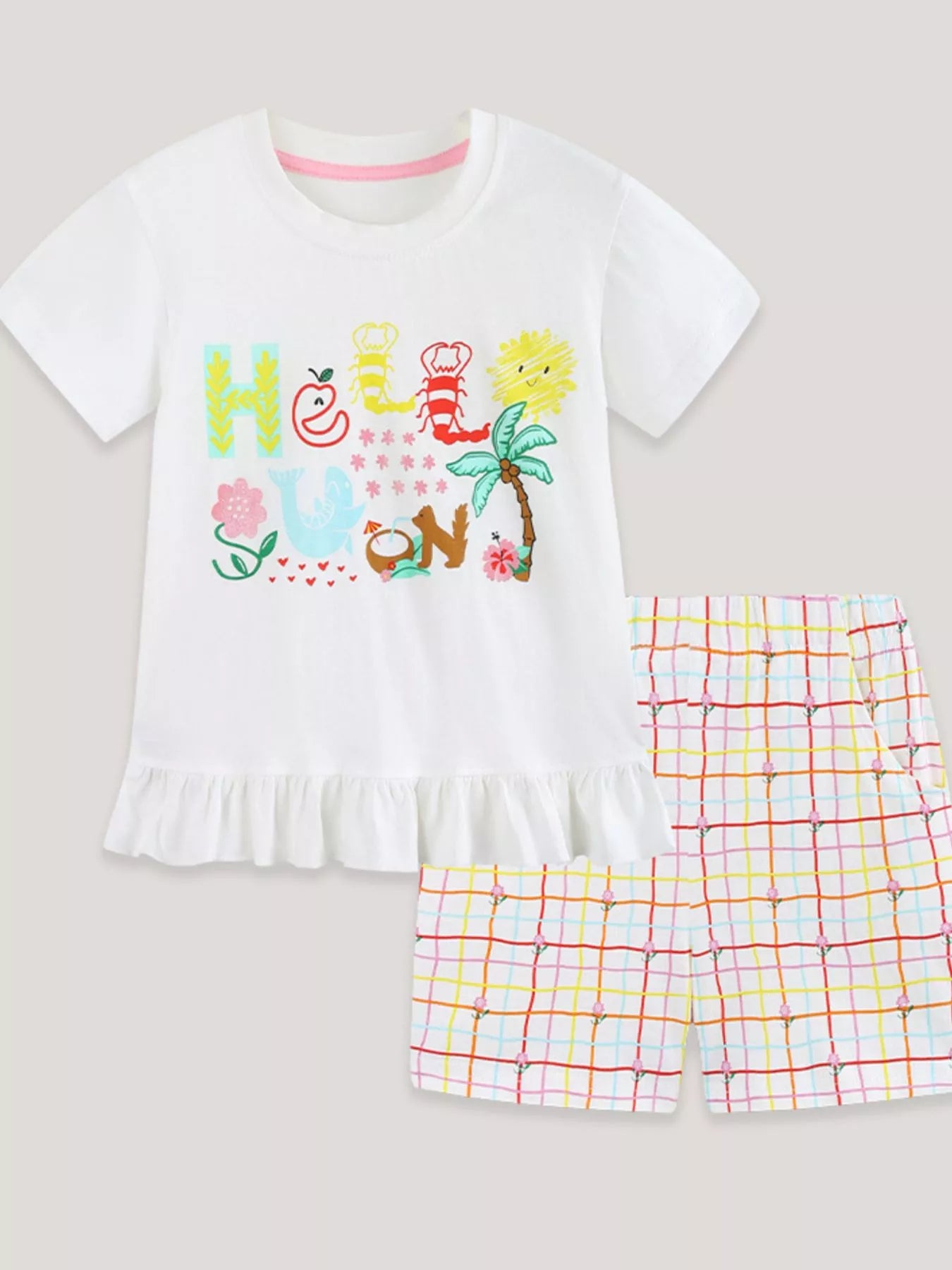Children's Cartoon Graphic Ruffle Trim Tee & Plaid Shorts Set