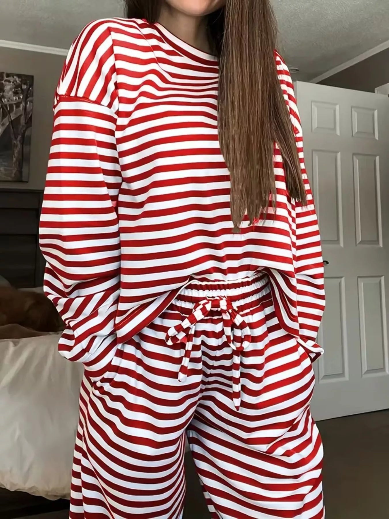 Striped Round Neck Top and Pants Set