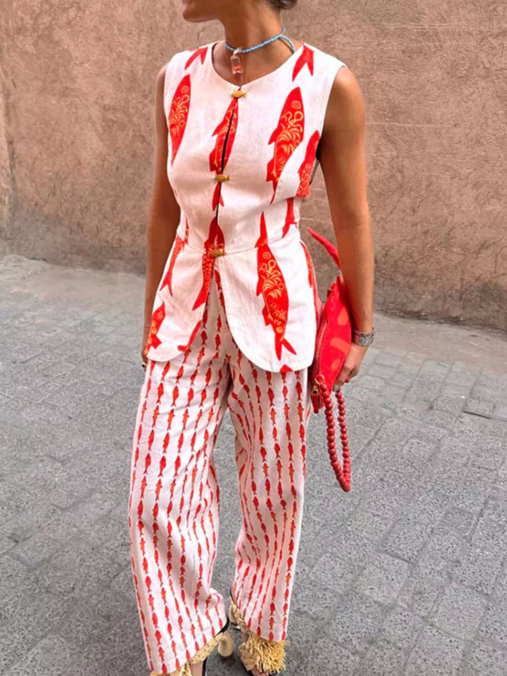Fish Print Sleeveless Top and Pants Set