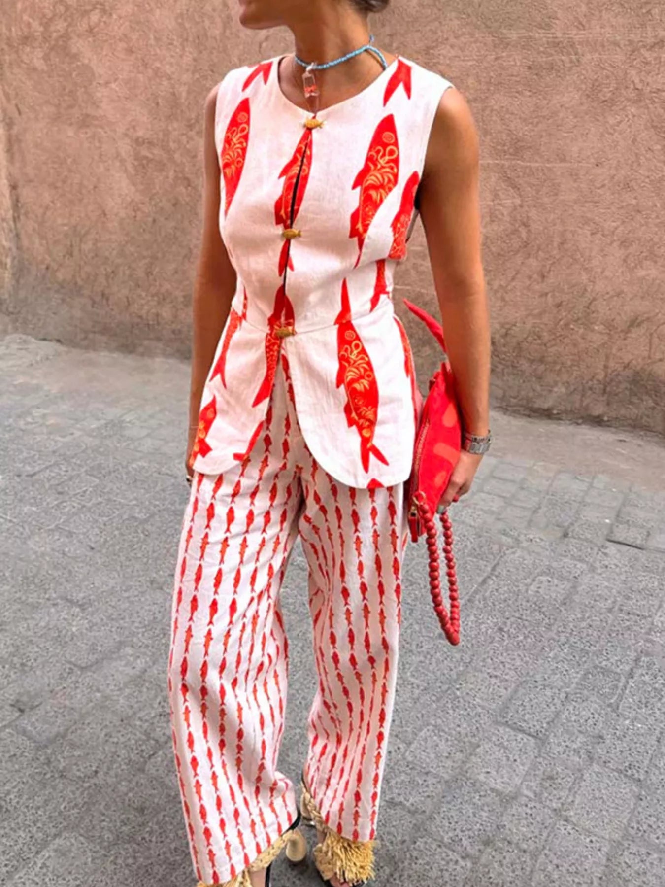 Fish Print Sleeveless Top and Pants Set